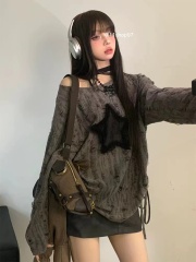 慵懶風罩衫設計感露肩長袖T恤女秋小眾寬鬆抽繩綁帶上衣