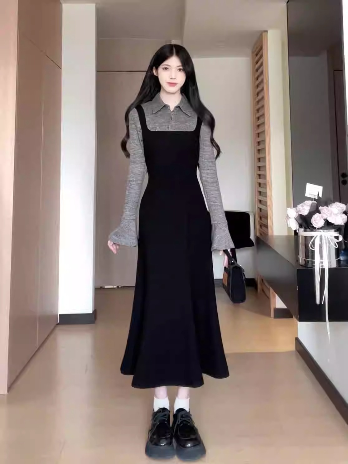 Matsumoto's two-piece retro long-sleeved skirt with pure desire style knitted design to make it look slim and waist bag arm dress