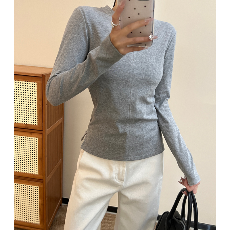 Women's round neck straight shoulder long sleeve T-shirt for women in spring 2025 European slim fit slim top pure cotton inner base shirt
