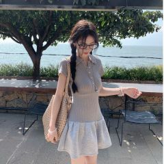 溫柔甜美風長袖POLO領連衣裙女夏季小眾收腰顯瘦A字裙小個子短裙