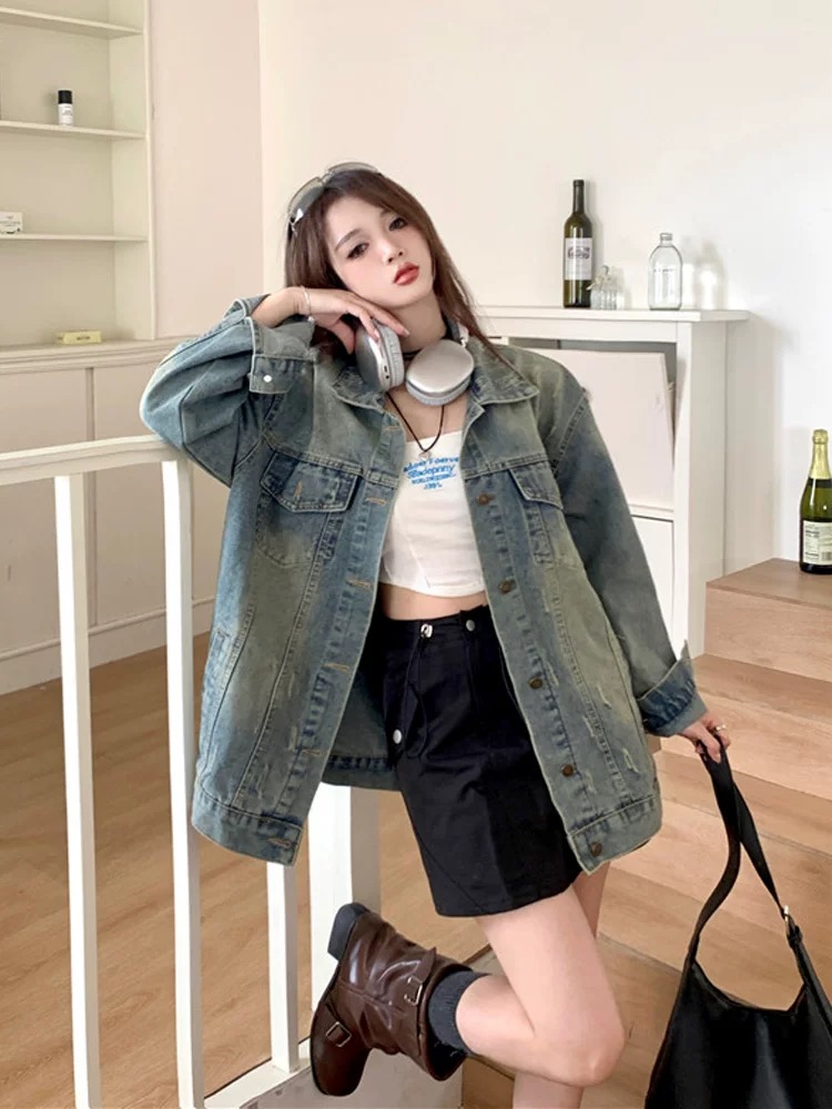 Korean lazy Fengshui washing old denim jacket for women's spring and autumn new retro loose slim casual jacket top