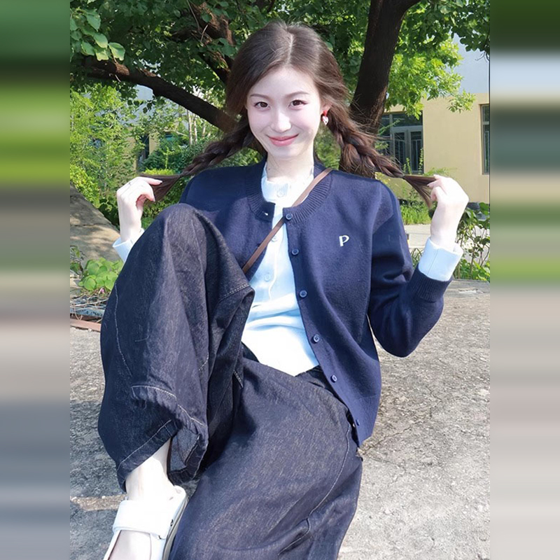 藏青色開衫毛衣女春秋季2025新款超好看拼接圓領針織衫假兩件上衣
