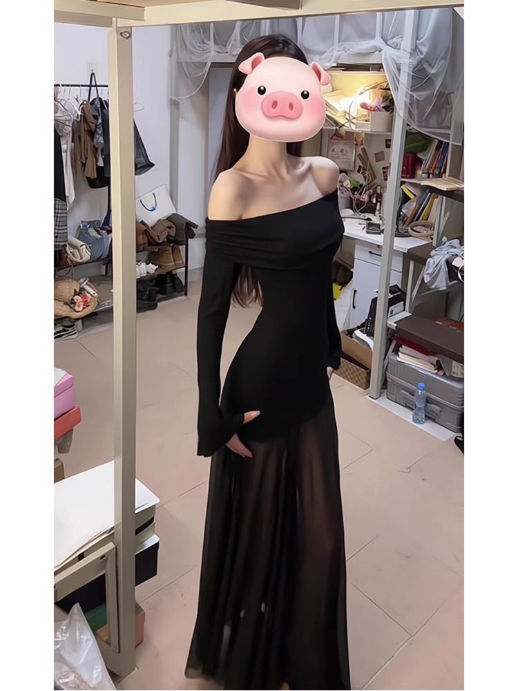辣妹性感一字肩網紗連衣裙女春季風情萬種純欲收腰顯瘦包臀長裙子