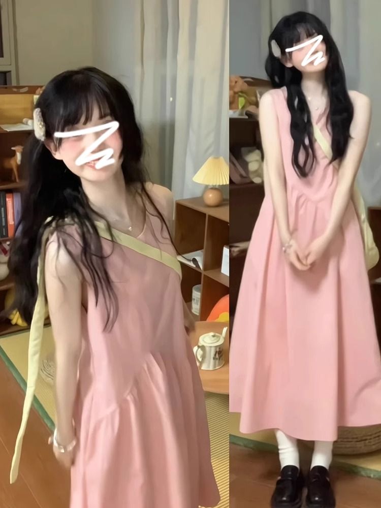 法式氣質小個子粉色無袖吊帶連衣裙子女裝2025新款夏季高級感長裙