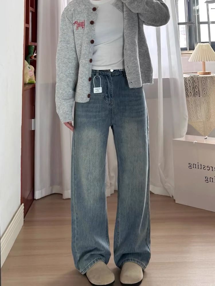 藍色闊腿牛仔褲女高腰寬鬆大碼胖mm顯瘦梨形身材小個子窄版直筒褲