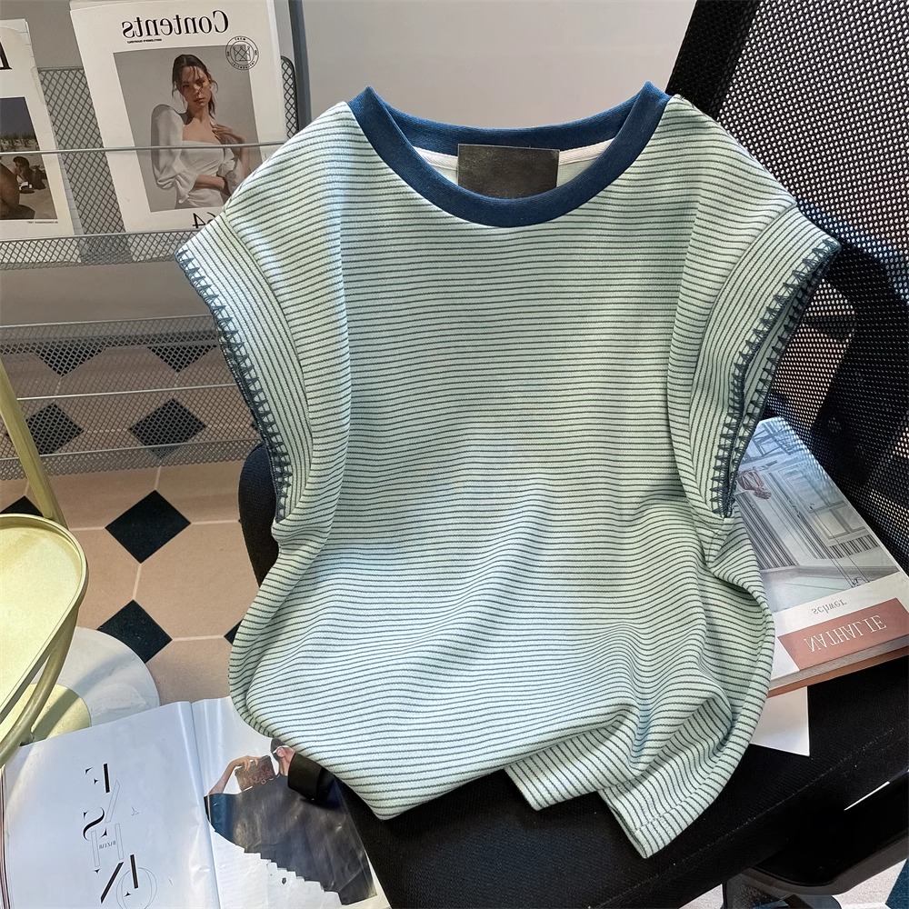 索羅娜領口+原版布料港風復古條紋正肩小飛袖女短袖