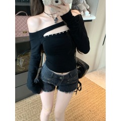 One-shoulder hollow black long-sleeved T-shirt for women in summer tight slim design hot girls short base shirt top