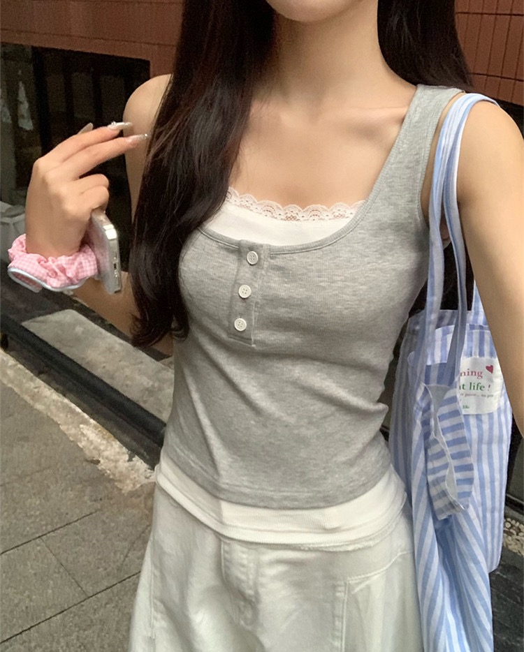 D883# official picture fake two-piece design short red vest female hottie I-shaped sleeveless suspender
