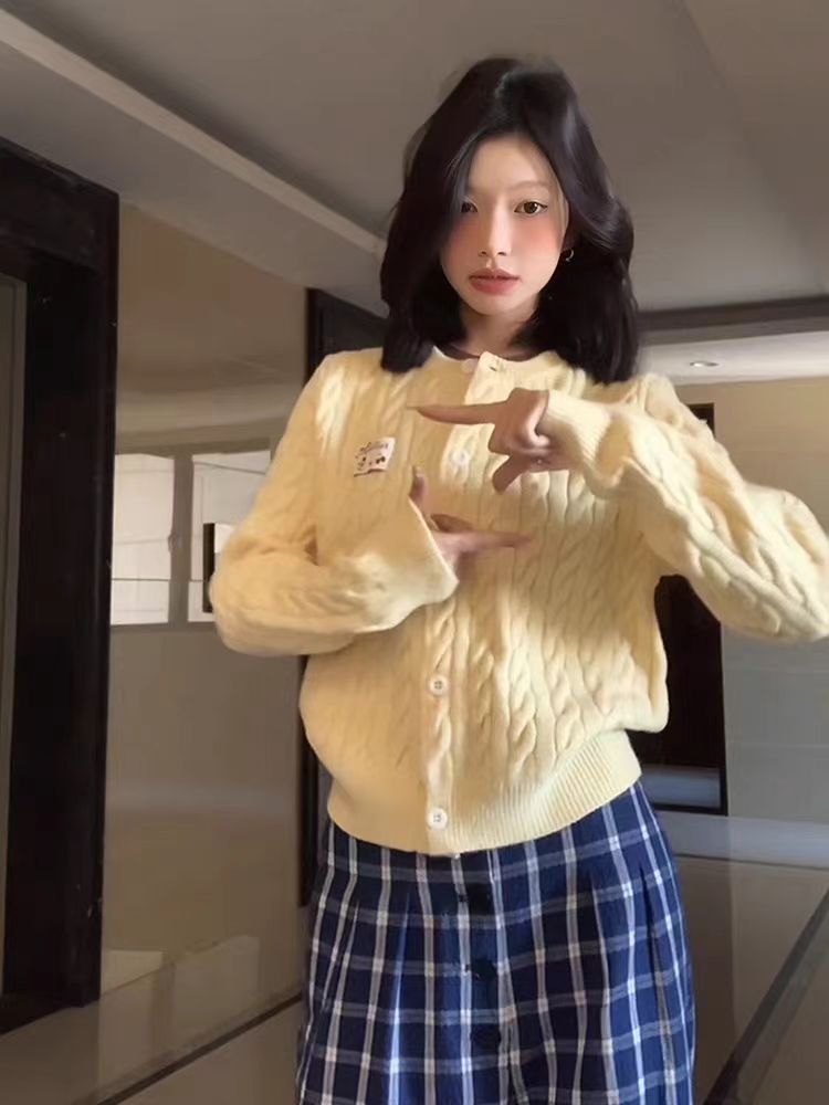 奶fufu溫柔風黃色百搭毛衣外套春季洋氣短款軟糯針織開衫