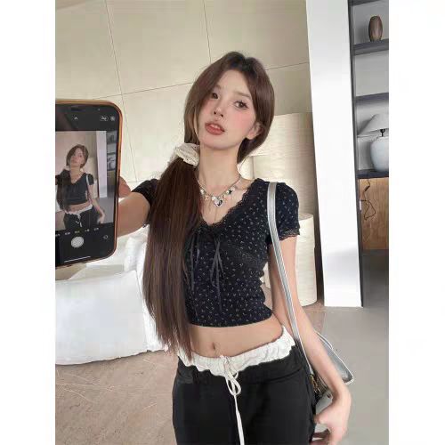 92-person cotton 8 spandex 260g pure hot girl floral short-sleeved T-shirt in summer slim short top