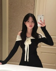 韓女穿搭ins韓系蝴蝶結系帶一字領露肩長袖T恤黑色芭蕾風甜美上衣