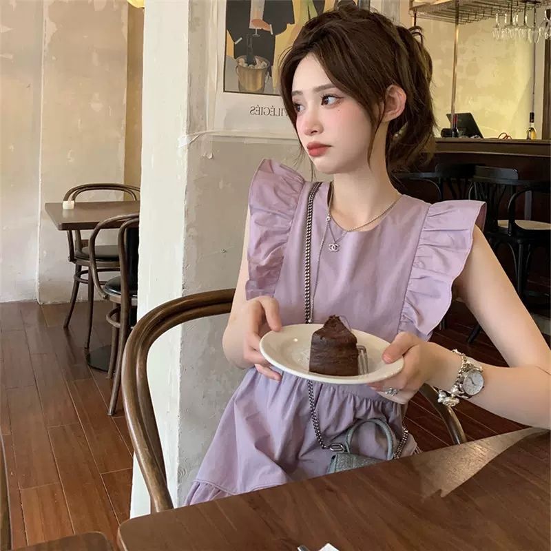 設計感小飛袖連衣裙夏季女別致漂亮海邊度假法式收腰減齡中長裙子