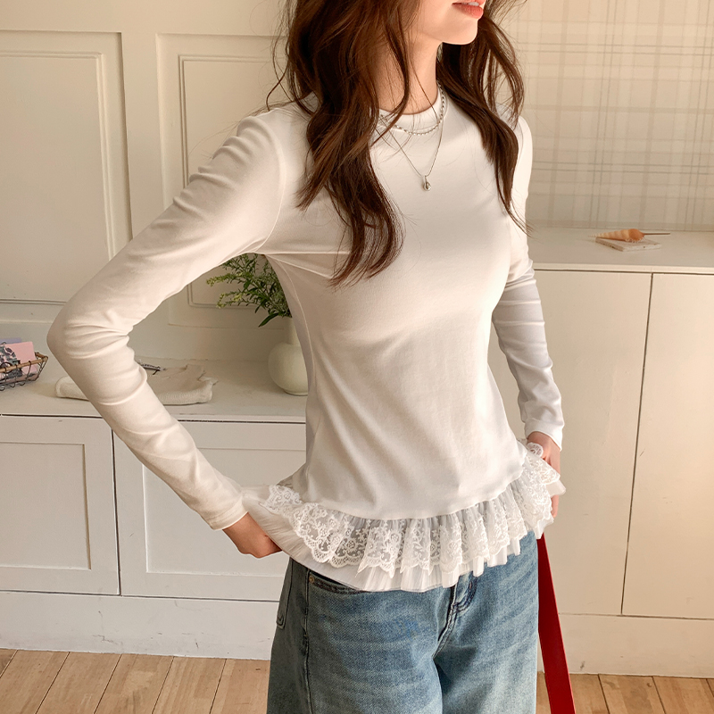 Real shot of white ballet style lace long-sleeved T-shirt for women in spring mid-length underwear