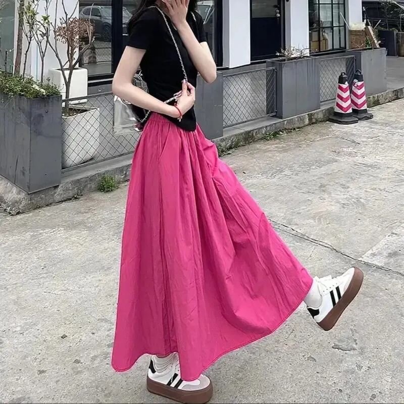 山本群女夏季杏色高腰褶皺新款長裙寬鬆顯瘦休閒清新A字半身裙子