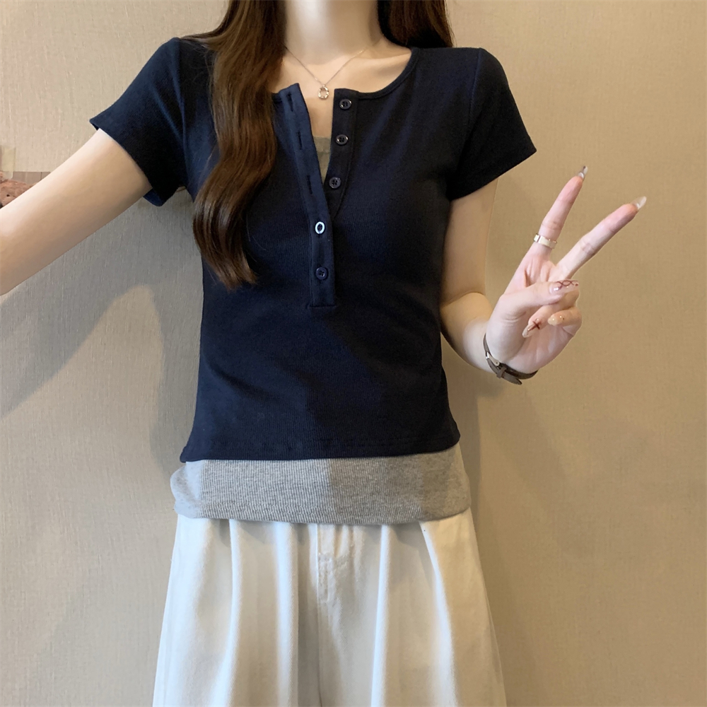 Real shot 40 pure cotton 210g 92 cotton/8 spandex short-sleeved women's T-shirt fake two-piece braid