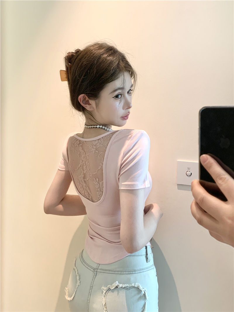實拍~純欲性感露背拼接蕾絲帶胸墊短袖T恤洋氣修身短款上衣女