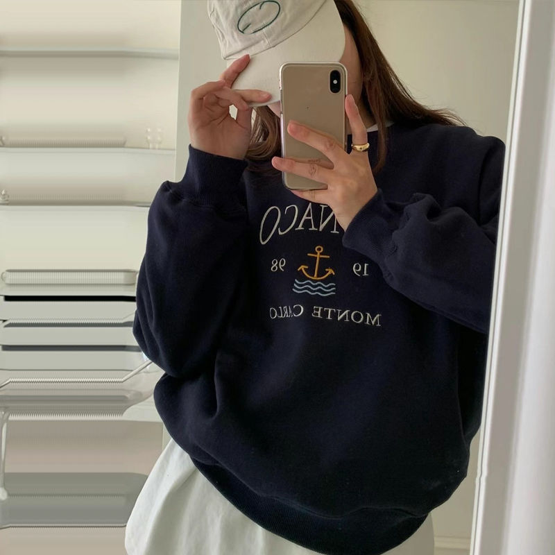Thin fish scales + plush velvet thickened sweatshirt in autumn and winter Korean loose round neck sweatshirt women's top