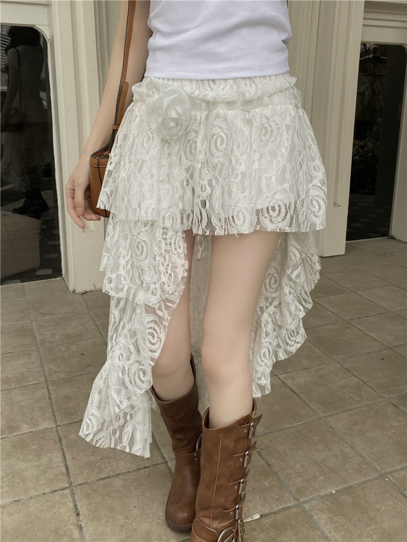Real photo irregular lace skirt for women in spring white cake skirt design high waist midi skirt