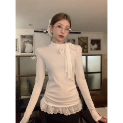 Real shot of spring Korean style, hollow bow-stitching skirt design, slim long-sleeved T-shirt top