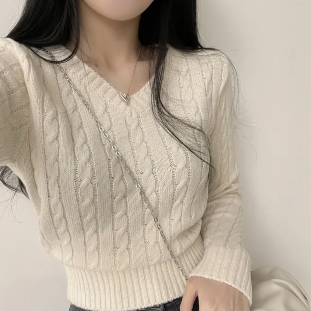 Korean chic spring and autumn temperament retro v-neck twist sweater soft slim fit slim base top