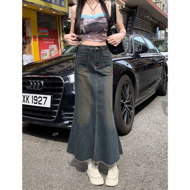 Casual Denim Half-Body Skirt for Women - Spring and Autumn New Arrival High-Waisted Hip-Hiding Fish-Tail Skirt A-Line Medium-Length Denim Skirt