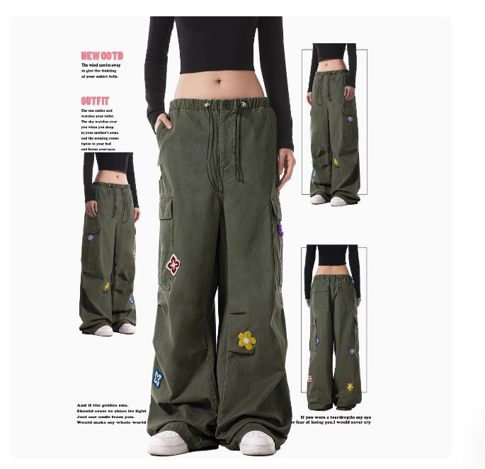 American retro diamond orchid work pants for women spring couple loose casual drawstring straight wide-leg trousers