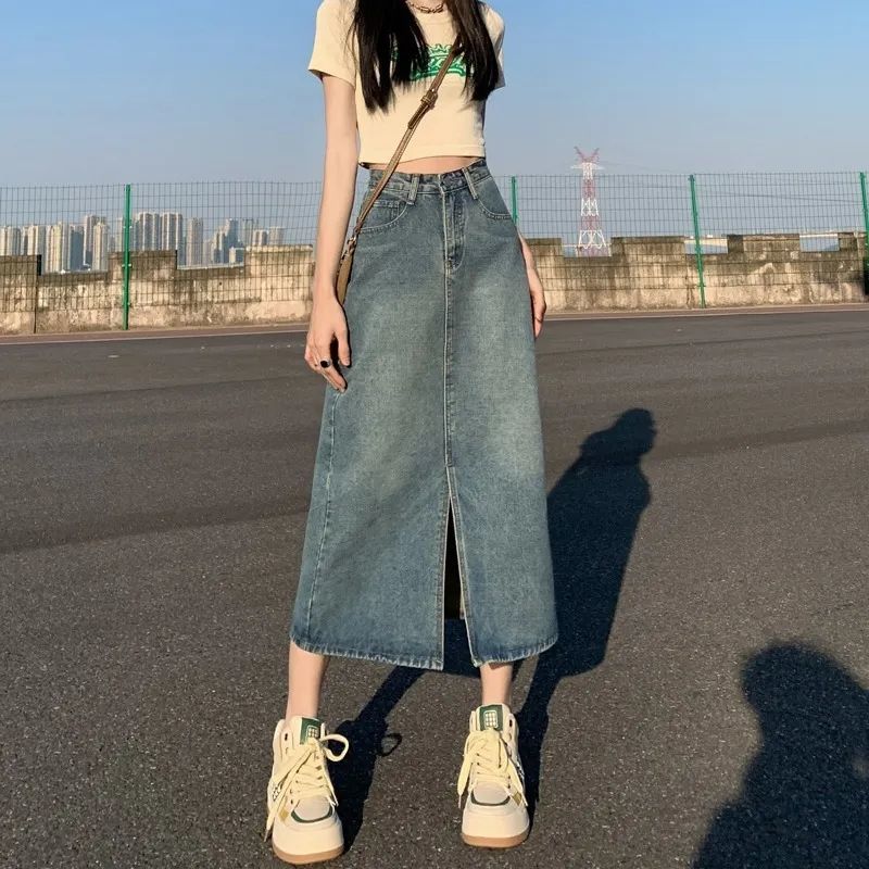 2025 new retro slit denim skirt for women loose and slim high waist mid-length versatile A-line skirt
