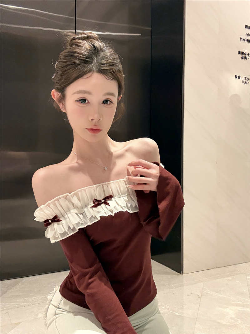 實拍~2025早春新款純欲性感辣妹一字肩露鎖骨氣質花邊打底衫