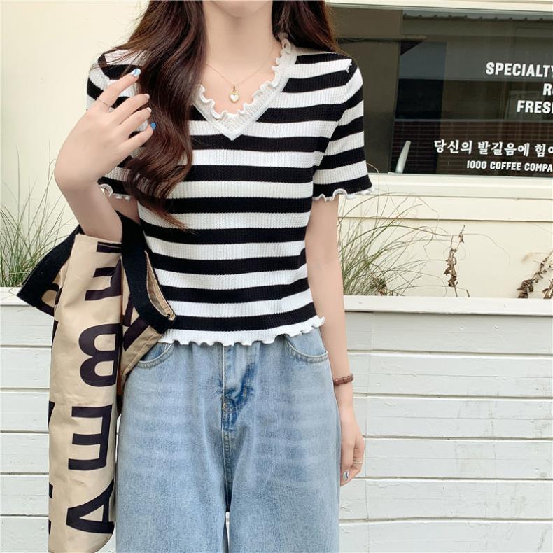 Ice silk short-sleeved thin style design niche wood ear V-neck striped sweater for women's summer new chic top