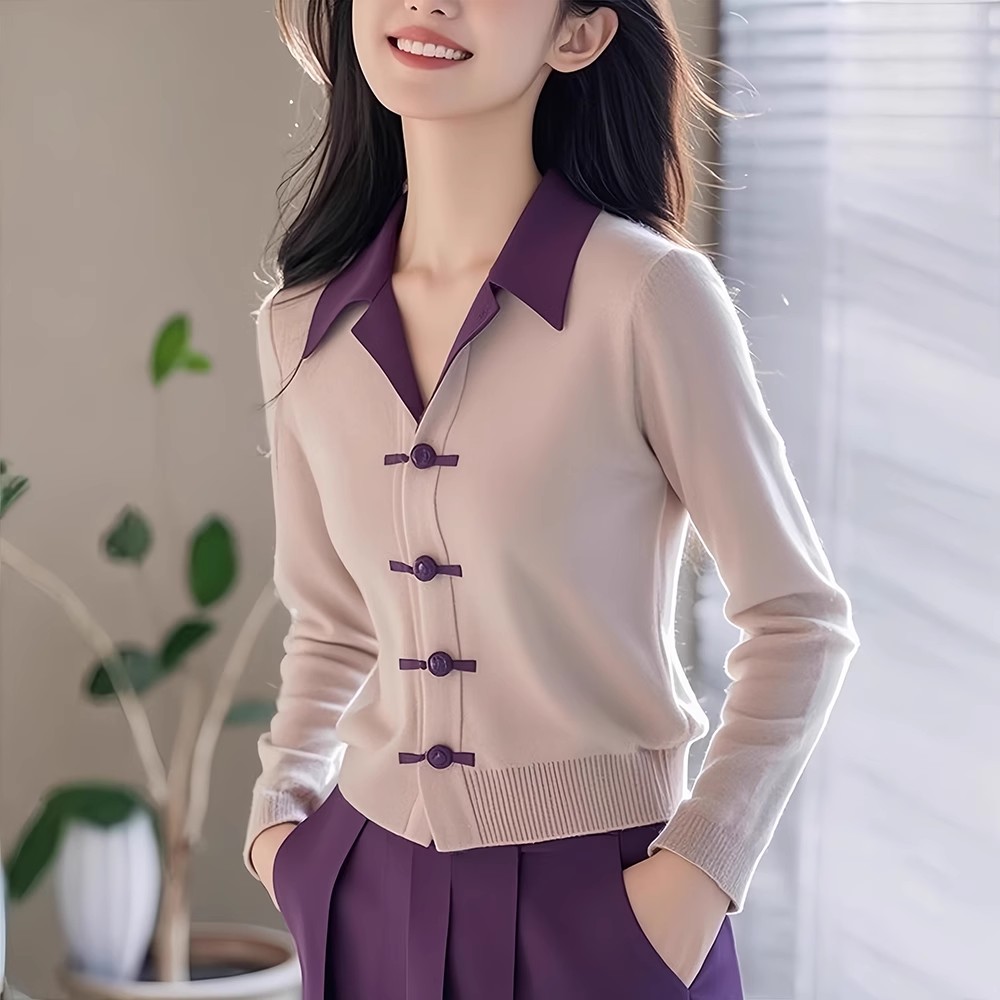 New Chinese style purple polo neck slim sweater knitted cardigan for women 2025 new spring unique top