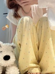 提花面料 春夏新款波點格紋多巴胺肌理感闊腿褲女INS寬鬆休閒長褲