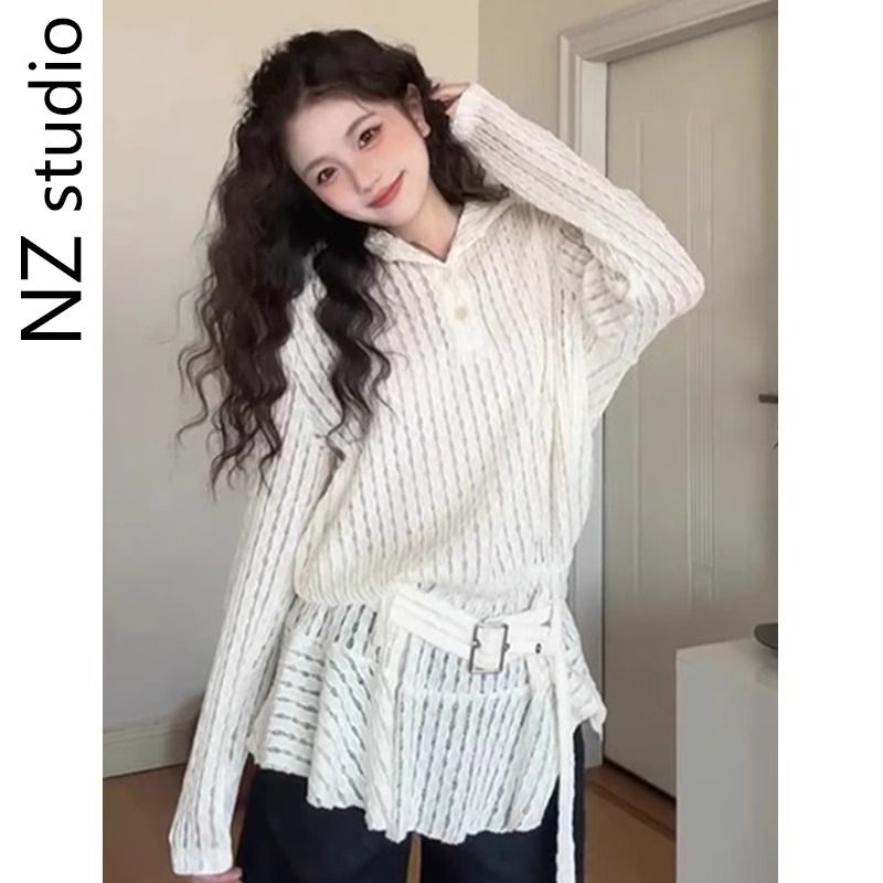 白色蕾絲鏤空連帽長袖襯衫女春季設計感小個子寬鬆荷葉邊長袖上衣