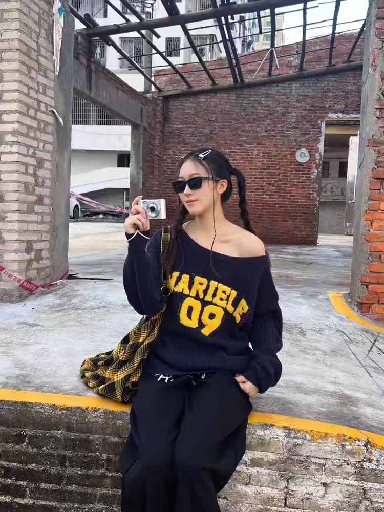 美式復古慵懶風辣妹露肩毛衣女設計感秋季寬鬆針織衫
