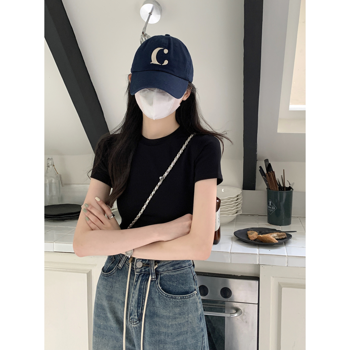 Real shot of spring and summer Korean style slim round neck straight shoulder solid color short versatile pure cotton short sleeve T-shirt women's top