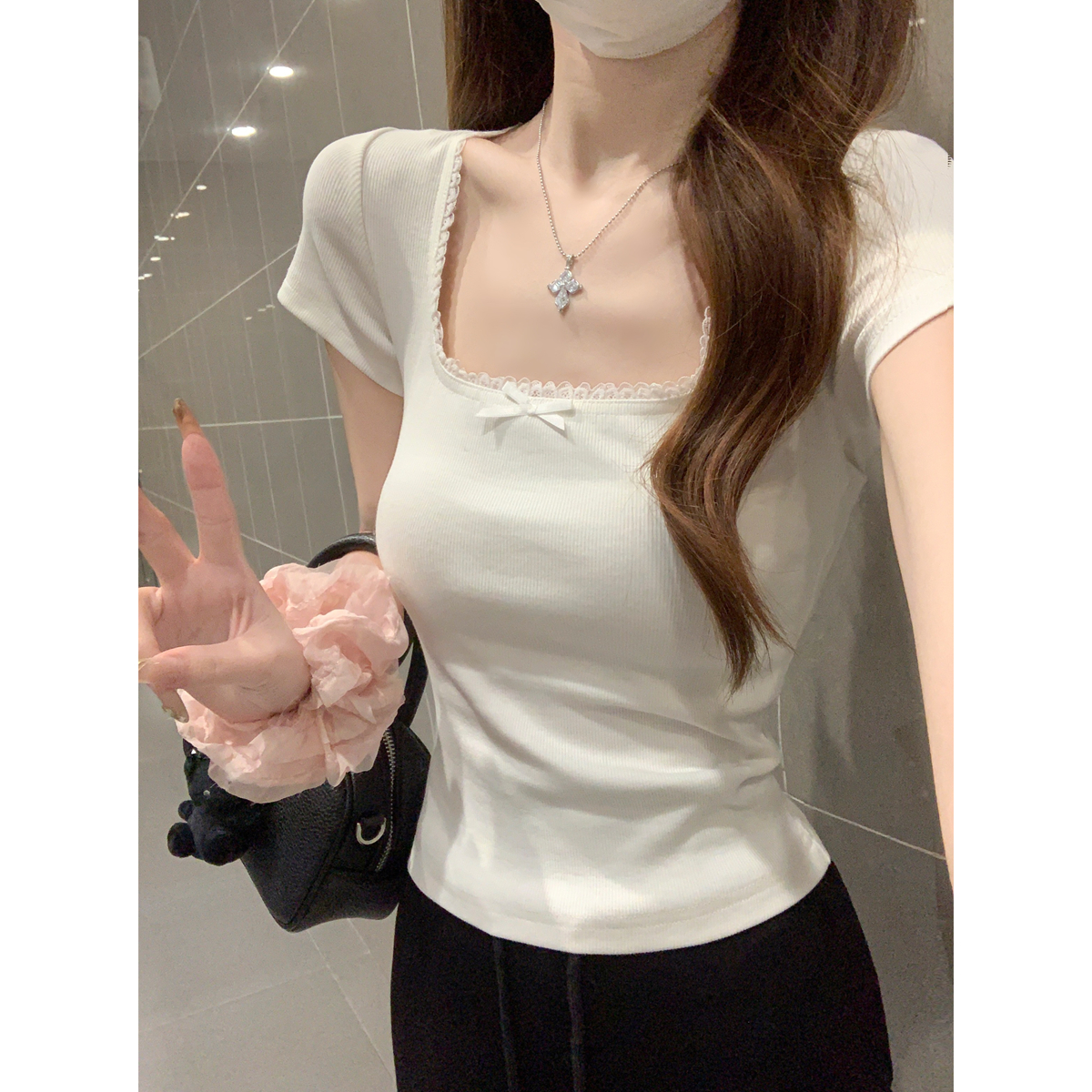 Real shot of spring and summer Korean style square necklace lace edge pure desire bow versatile short-sleeved T-shirt top for women