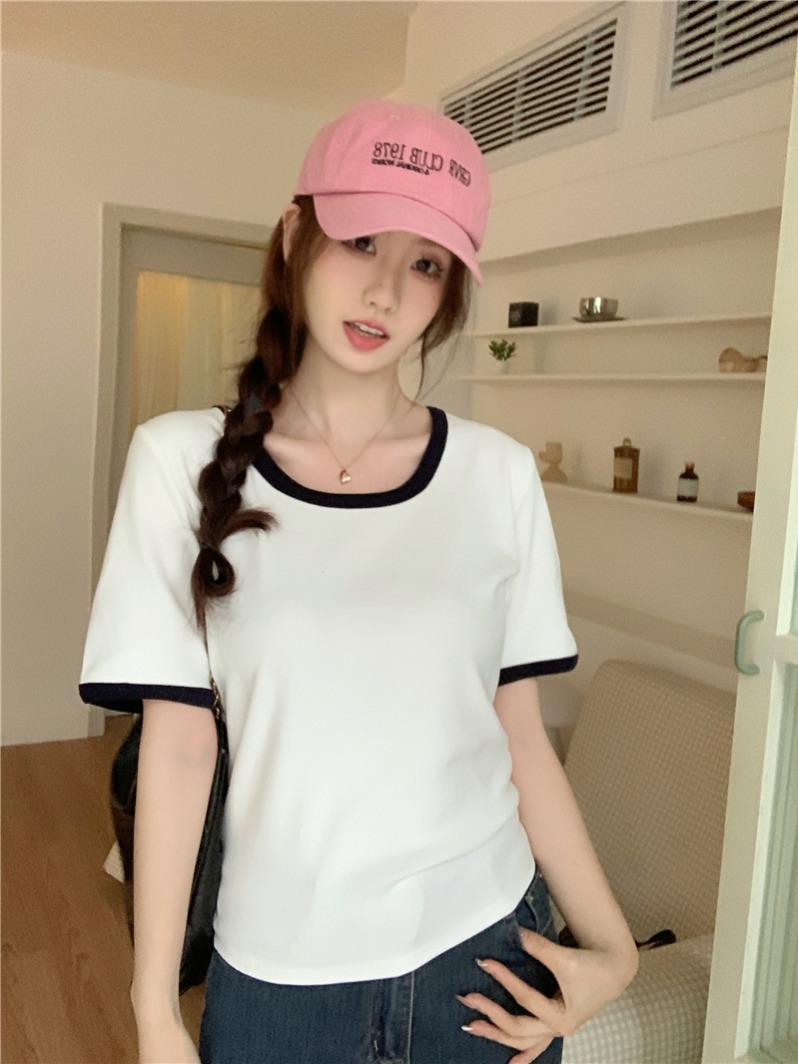 Real shot, straight shoulder slimming contrasting threaded collarbone T-shirt, chic niche inner top for women short sleeves