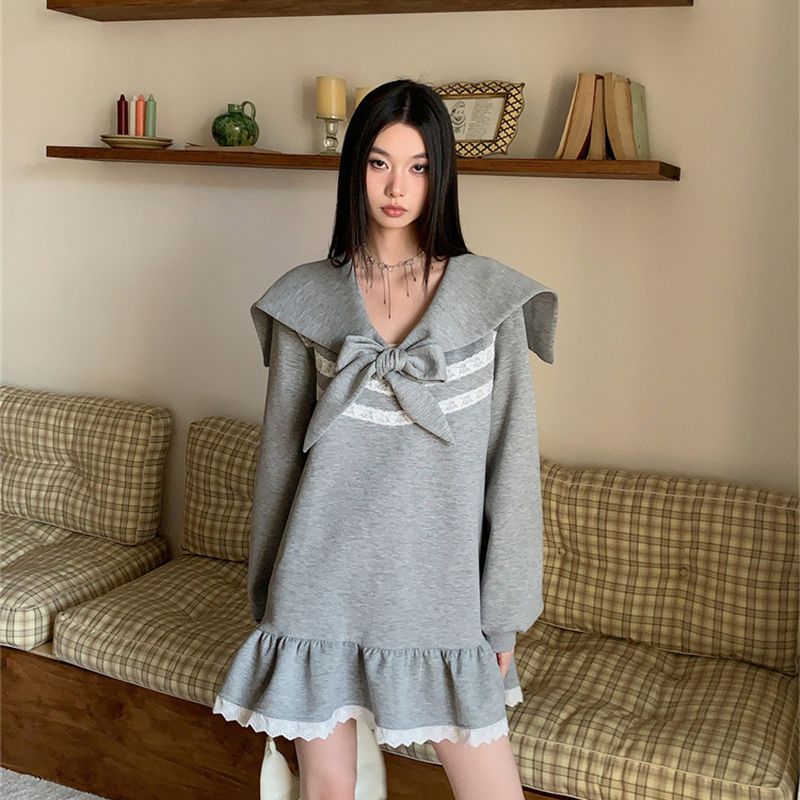 蝴蝶結綁帶寬鬆顯瘦長袖連衣裙春季新款甜美少女荷葉邊衛衣短裙子
