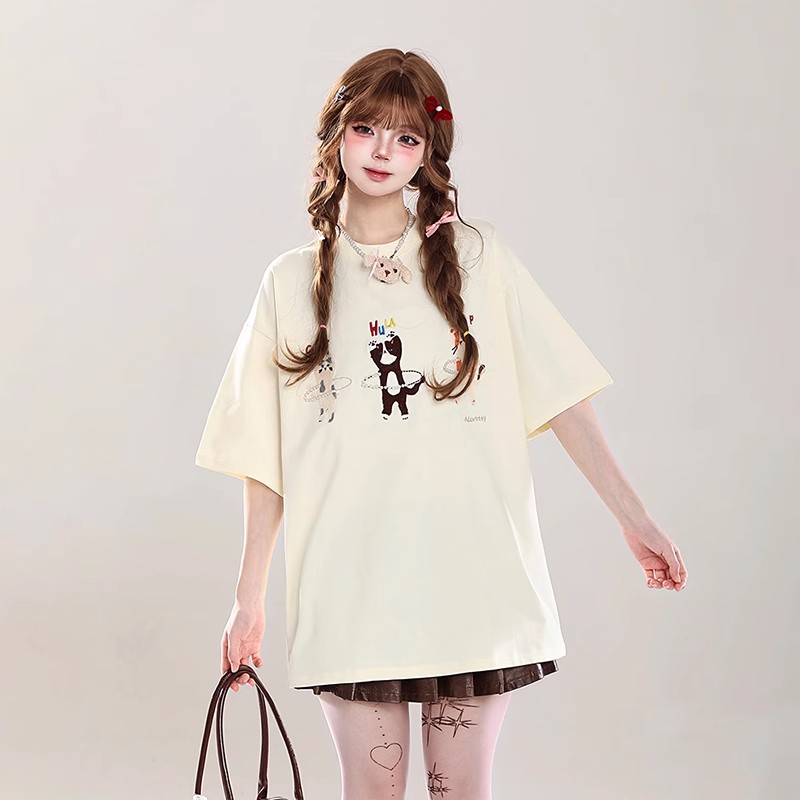 220g pure cotton American short-sleeved T-shirt for women's summer sweet girl loose round neck top