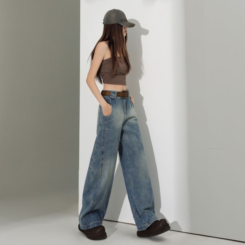Real shot of 2025 spring fashion trend casual pants for women high waist drooping wide-leg pants