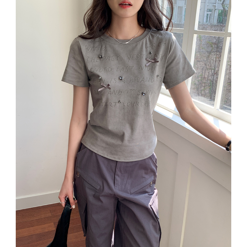 Bow-in diamond pure cotton shoulder short-sleeved T-shirt for women 2025 summer fashionable and unique top slim and slim