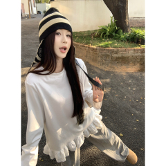 Real shot of spring Korean version of round neck loose spliced ​​lotus leaf skirt sweet pure cotton 260g long-sleeved T-shirt top