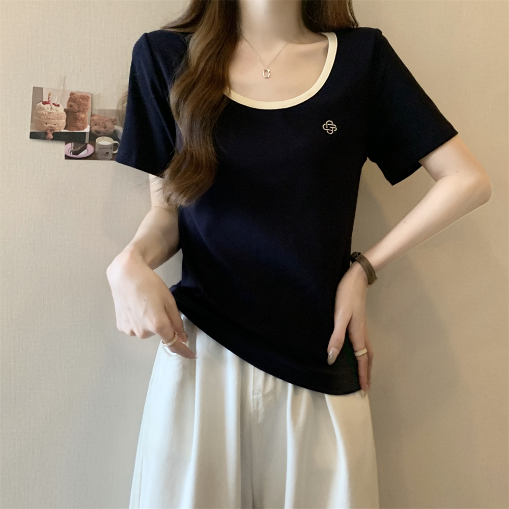 實拍  40支純棉210克92棉/8氨綸短袖T恤女撞色刺繡