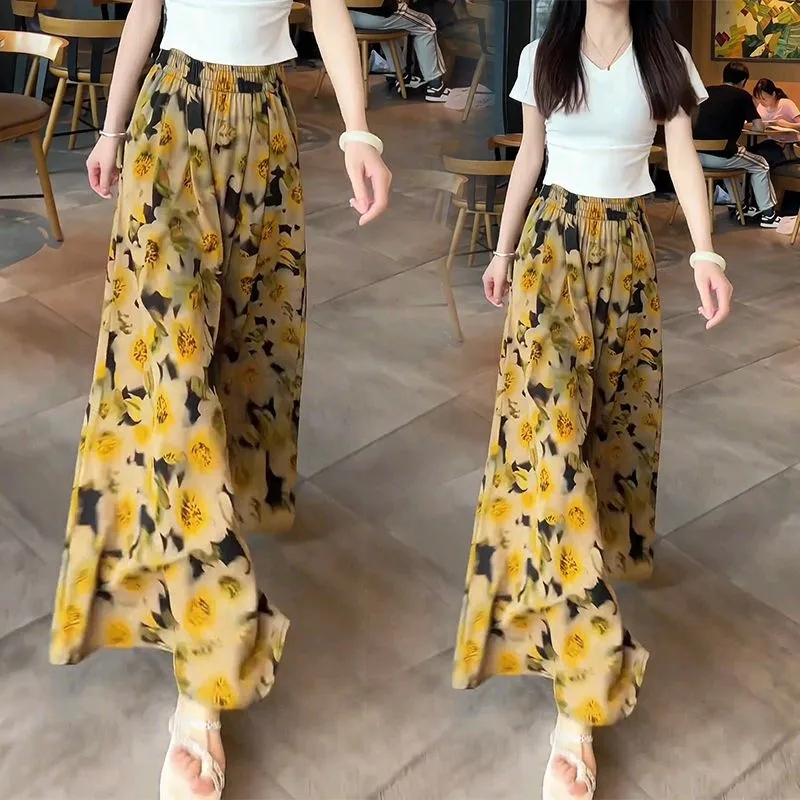 Large size retro high-end stylish floral pants 2025 summer high waist fashionable slim temperament age-reducing trousers and skirts for women