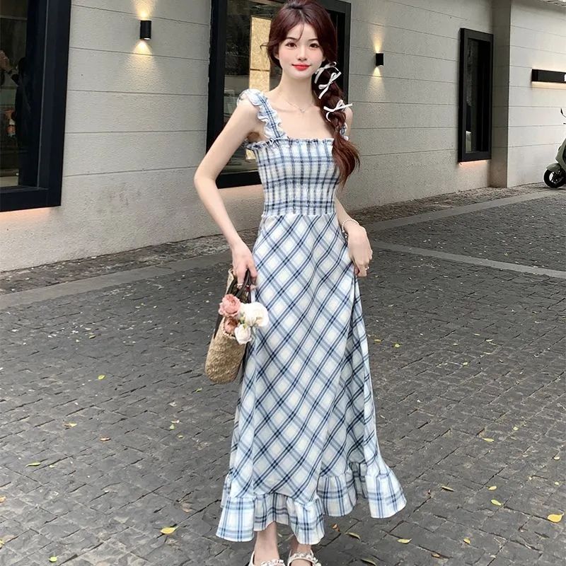 格子連衣裙印花吊帶裙沙灘裙超仙海邊美式辣妹連衣裙高個子長裙