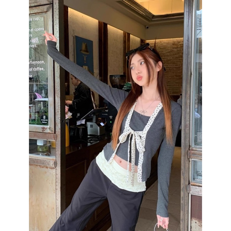 Official picture Colorful cotton ribbed fake two-piece splicing lace-up slim body design T-shirt