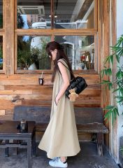 Korean-style loose-fitting simple and elegant khaki sleeveless vest dress for women, summer lazy-looking slimming overalls long skirt