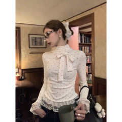 Real shot of spring Korean style lace hem with polka dot bows to make you look slim and cotton long-sleeved T-shirt top