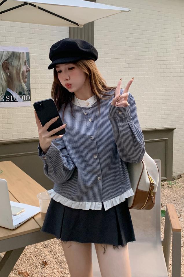 撞色氣質韓系條紋小衫2025春季新款圓領短款甜美百搭上衣長袖女裝