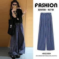 女夏季薄款2025新款簡約風高腰慵懶休閒遛彎小個子通勤冰絲闊腿褲