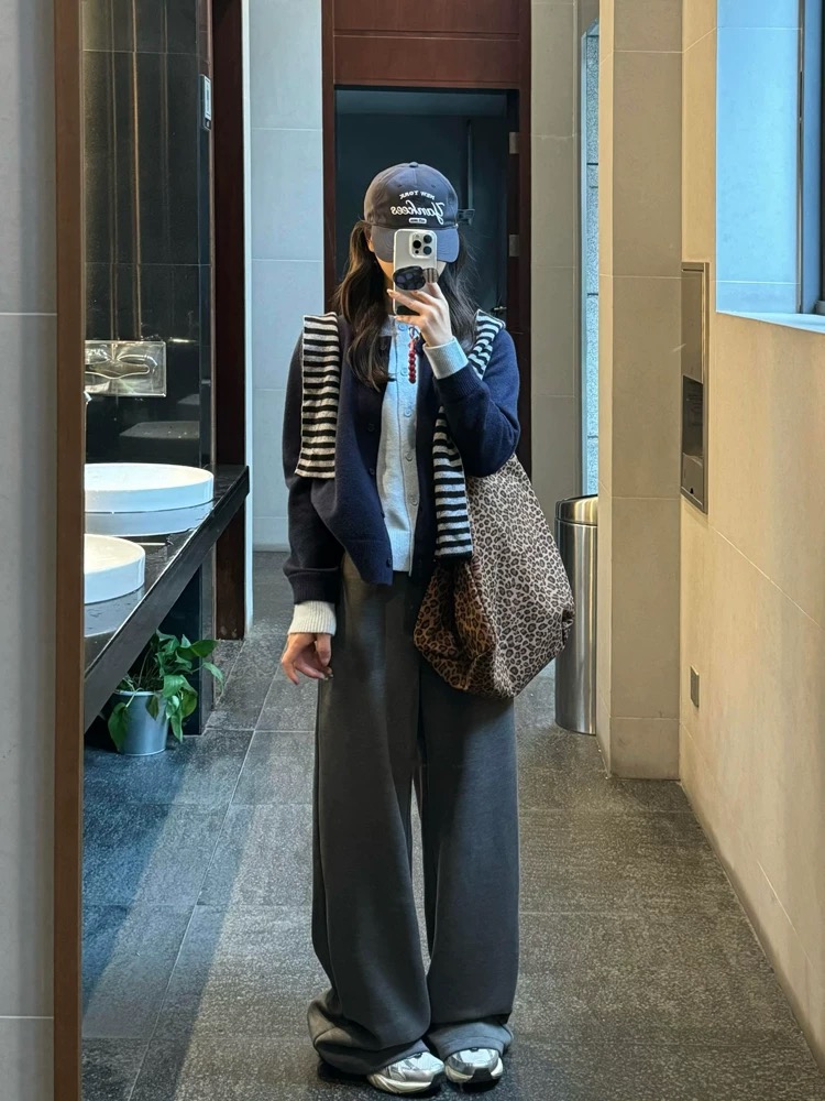 美式復古假兩件拼接長袖針織開衫女秋季新款慵懶風百搭圓領毛衣潮